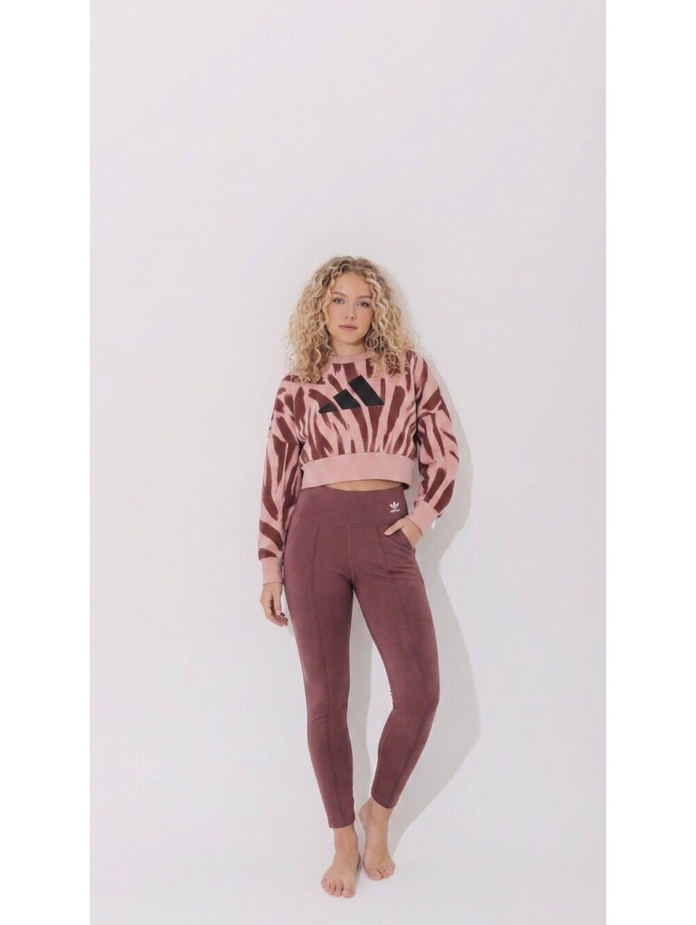 Adidas Women's Pink Zebra Sweatshirt and Mauve High-Waisted Leggings, Size L